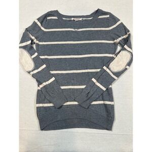 PinkRose Premium Grey Striped Cotton Sweater Elbow Patches Small 100% Cotton Top
